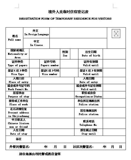 境外人员临时住宿登记表